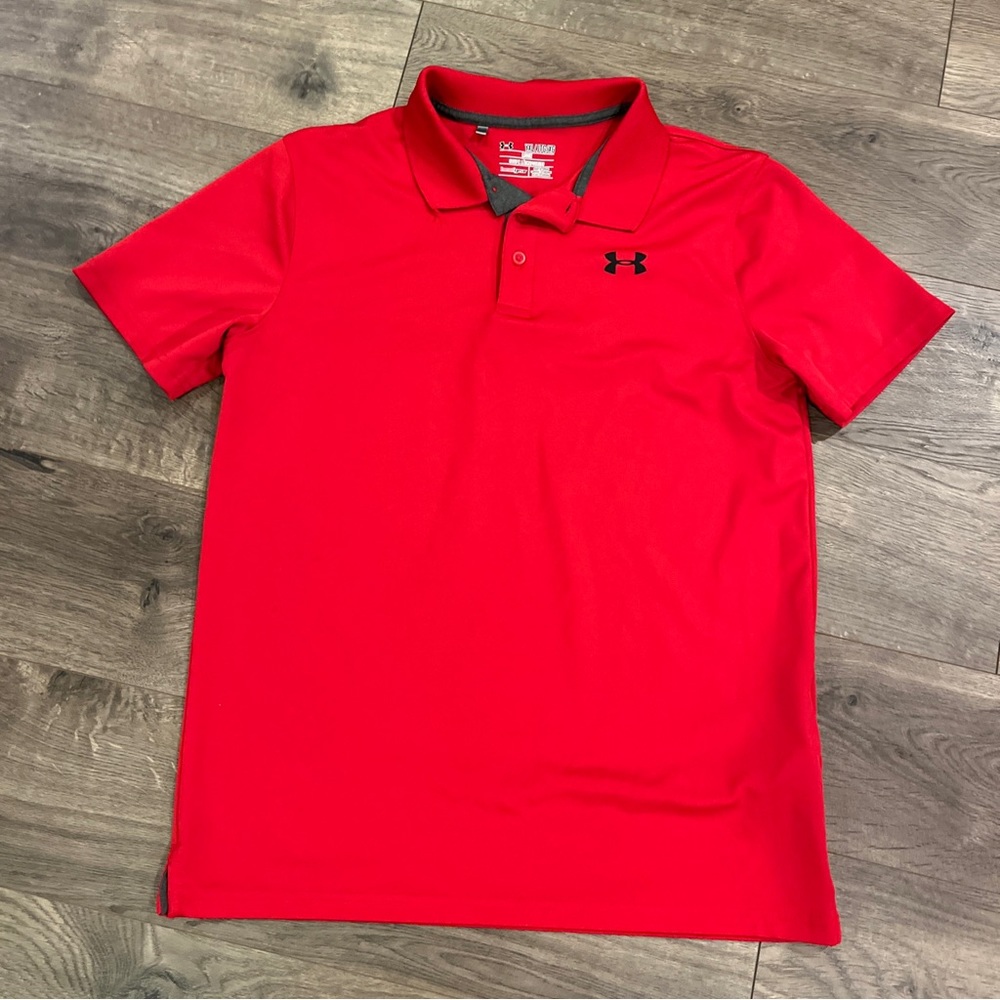 Under Armour Polo Shirt Size YXL Red Loose Fit Heat Gear